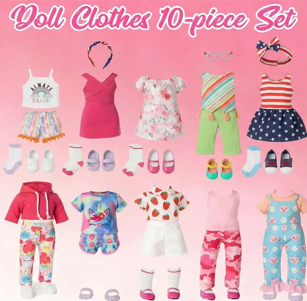 

10Pcs/Set Doll Clothes Pretty Dress Cute Outfit For 43CM Baby Doll Clothes,18Inch American Doll Set,Festival Gifts Girl Toy