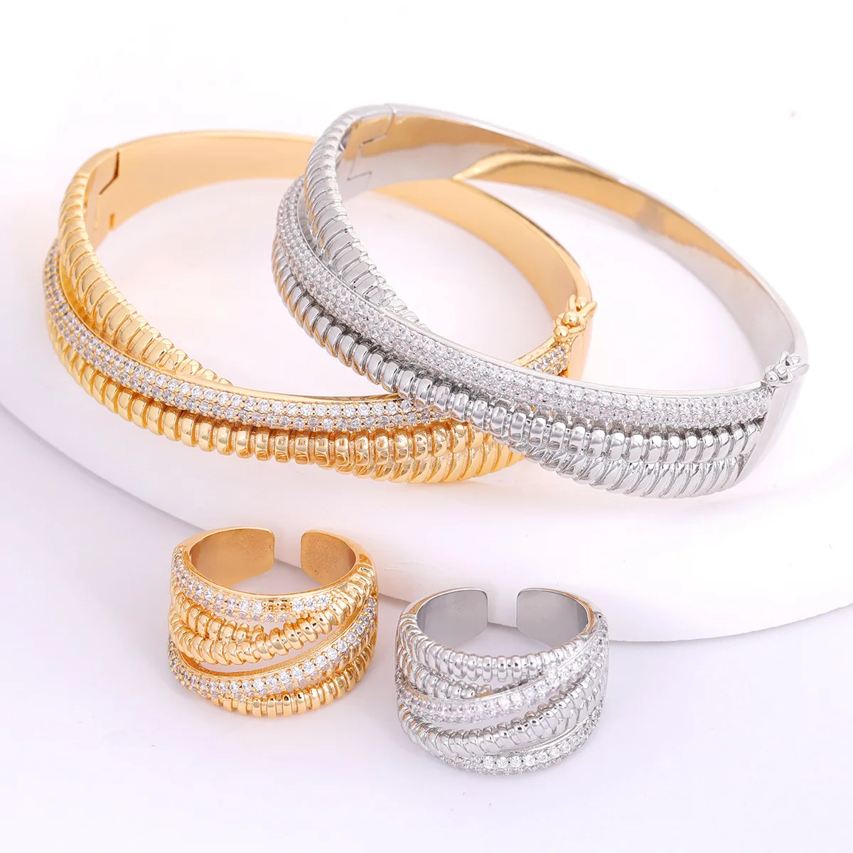 

European and American Fashion Classic Real Gold Plated Multi-layer Braided Cross Copper Inlaid Zircon Bangles for Women