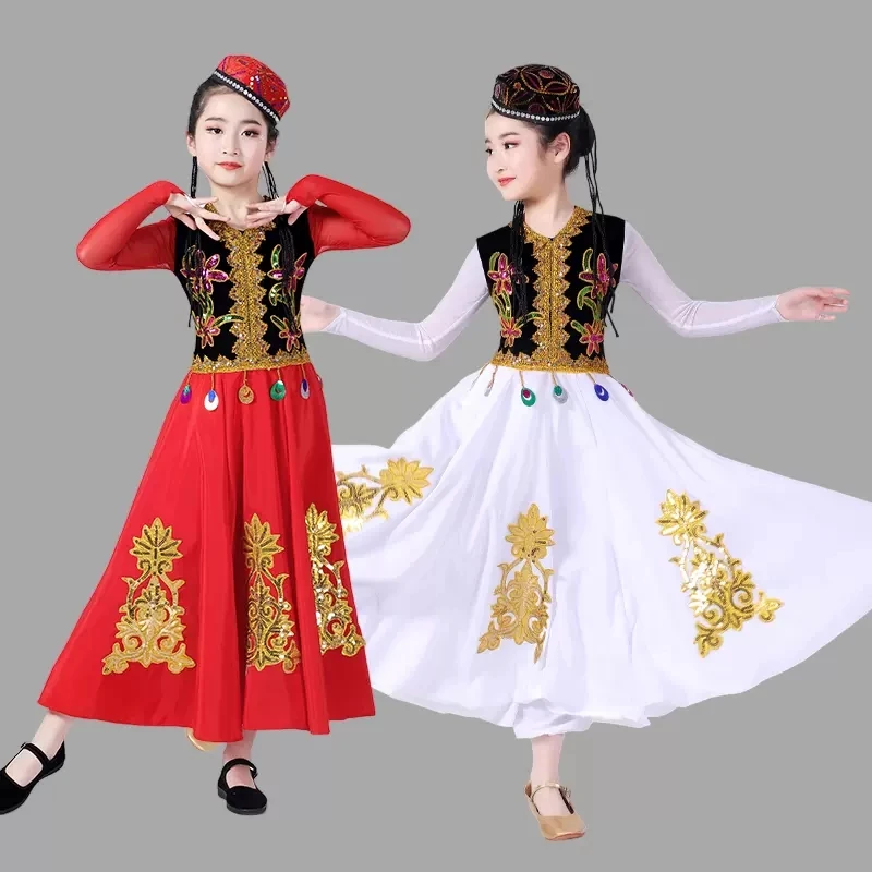 Elegante Xinjiang Tanz kostüme Kinder Minderheit Mädchen Kostüme Uyghur Bühnen performance Kostüme chinesische ethnische Tanz kostüme