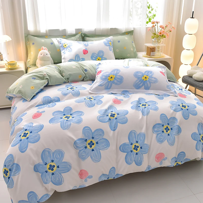 4Pcs Big Blue Floral Bedding Set Soft Microfiber Duvet Cover Bed Sheets Pillowcases Large Flower Print Pastoral Home Decor
