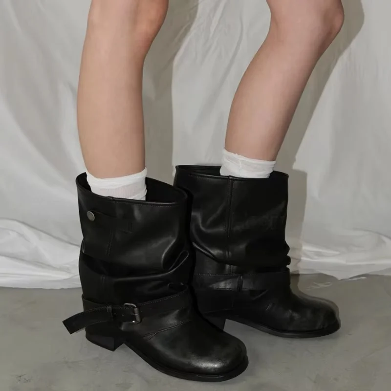 Bottes mi-mollet noires pour femmes, style décontracté, avec boucle, bout carré, talon épais, bottes