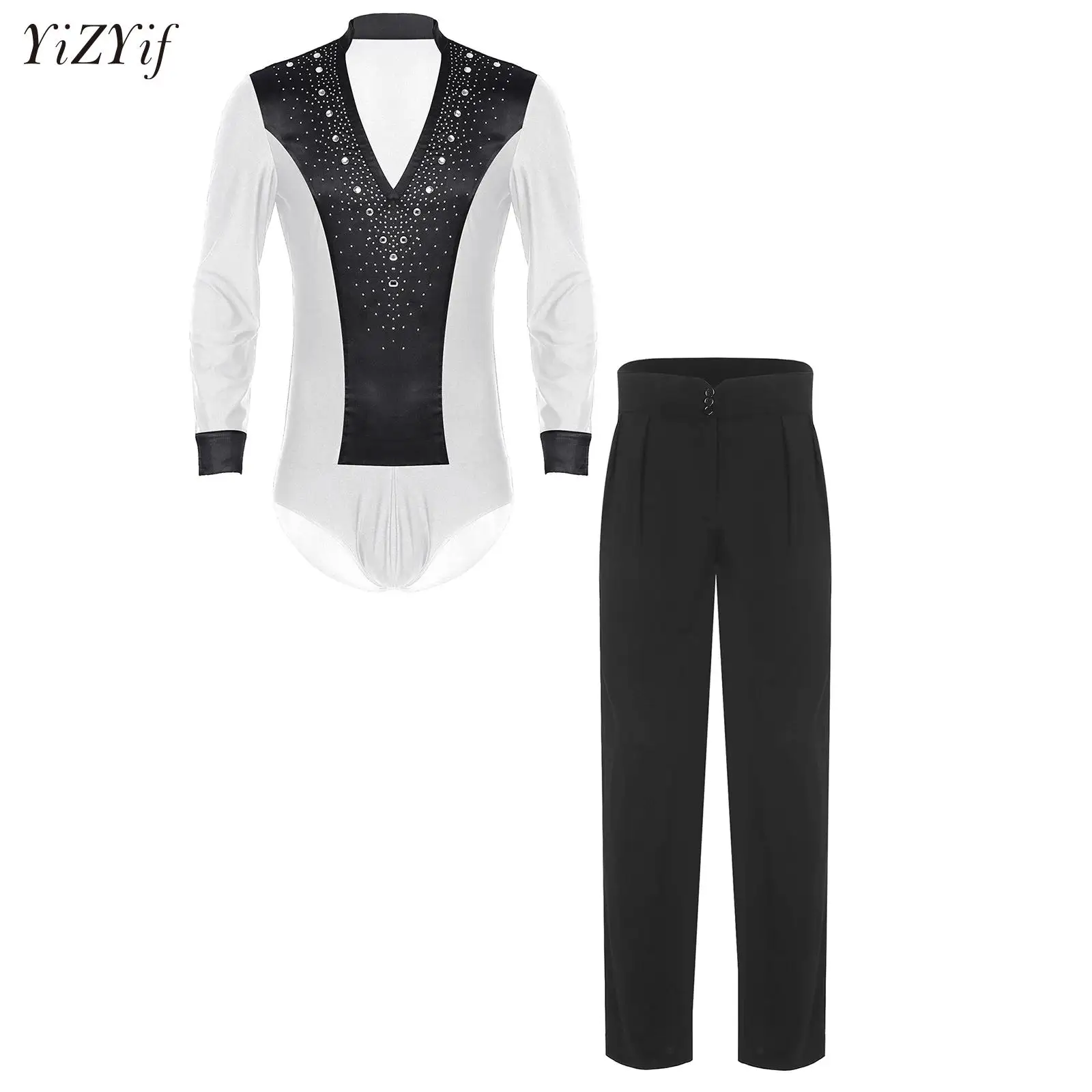 

Mens Rhinestone Ballet Dance Shirts Unitard with Pants Ballroom Modern Latin Tango Rumba Chacha Long Sleeve Leotard Bodysuit