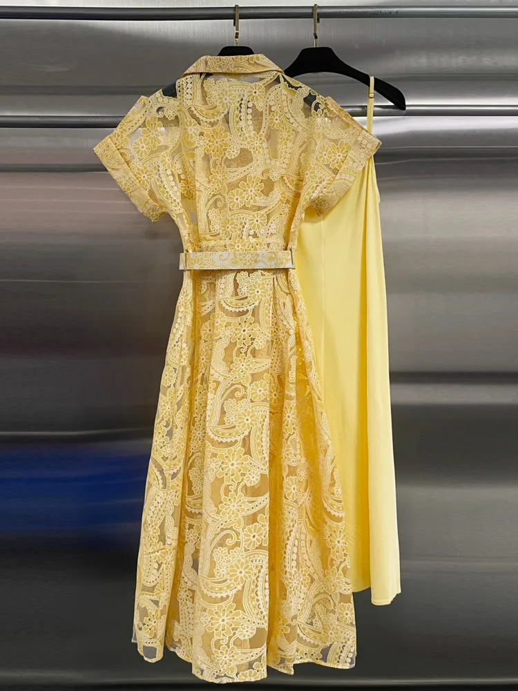 DFDG Abito lungo da donna in pizzo ricamato giallo semplicità 2025 per le vacanze Boho Chic Designer Elegante abito lungo primavera estate
