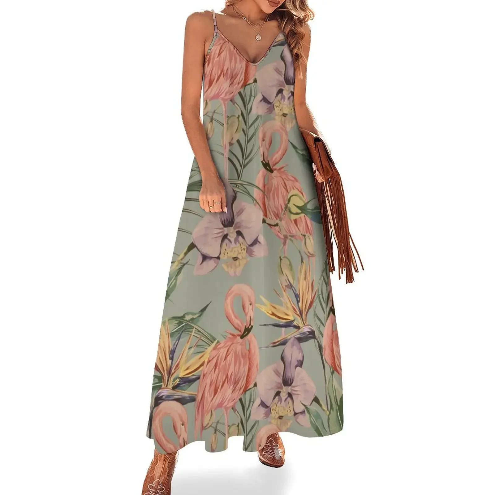 

Vintage Flamingo Orchid Pattern Tropical Summer Sleeveless Dress Long dress woman ladies dresses for special occasions Dress