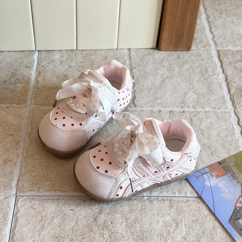 Pink Girls Casual Shoes Dot Ribbon Lace Up Kids Sneakers Baby 2026 Autumn Children Infant Shoe Size 23-34 for 2-8 Years