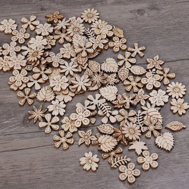 100Pcs Wood Discs Slices Flower Shape Unfinished Wooden Cutouts Craft DIY Decoration