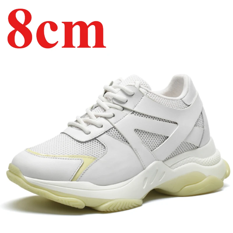 Genuine Leather Invisible Heightening Shoes for Women's 8cm Elevated White Sneakers Comfortable Breathable Casual Sports Shoes