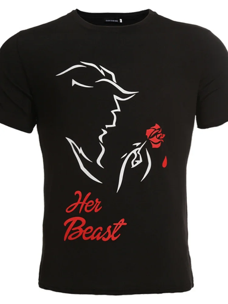 Zijn Schoonheid Haar Beast Print Paar T Shirt Korte Mouw O Neck Losse Koning Koningin Tshirt Fashion Liefhebbers Tee Shirt tops Kleding