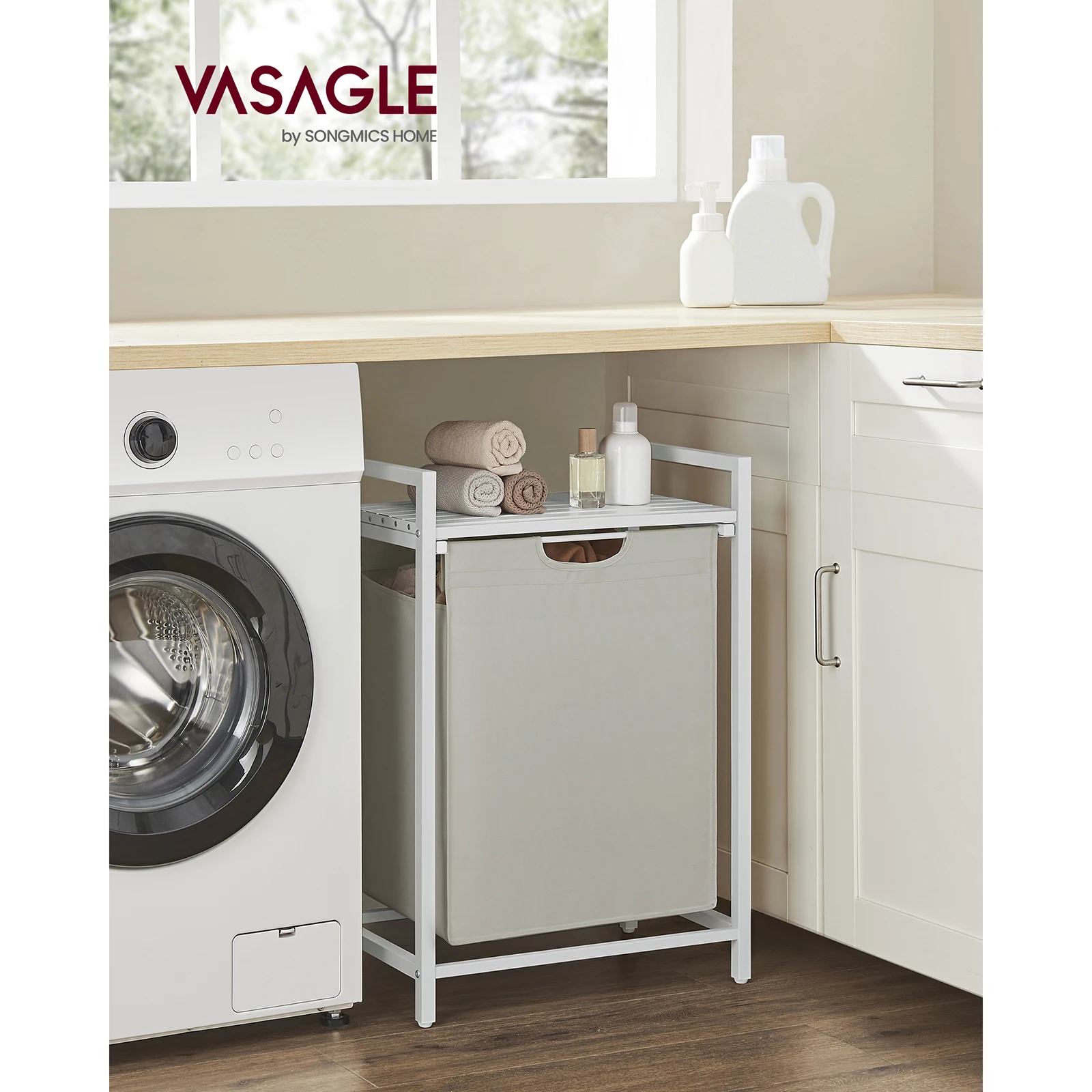 VASAGLE Laundry Basket, Laundry Hamper, Pull-Out and Removable Laundry Bag, Shelf, Metal Frame, 65L, 50 x 33 x 72 cm