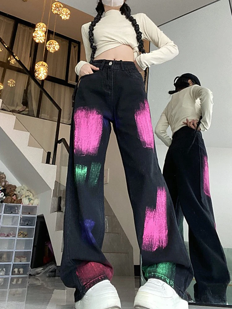 

Black Women Jeans Vintage High Waist Chic American Fashion Streetwear Wide Leg Jean Female Trouser Printing Baggy Denim Pants