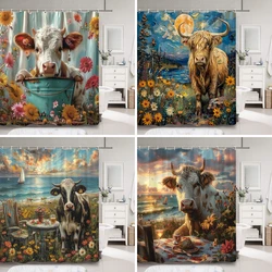 Highland Cow Shower Curtain Rustic Countryside Plant Flower Oil Painting Creative Polyester Fabric Shower Curtain Bathroom Decor