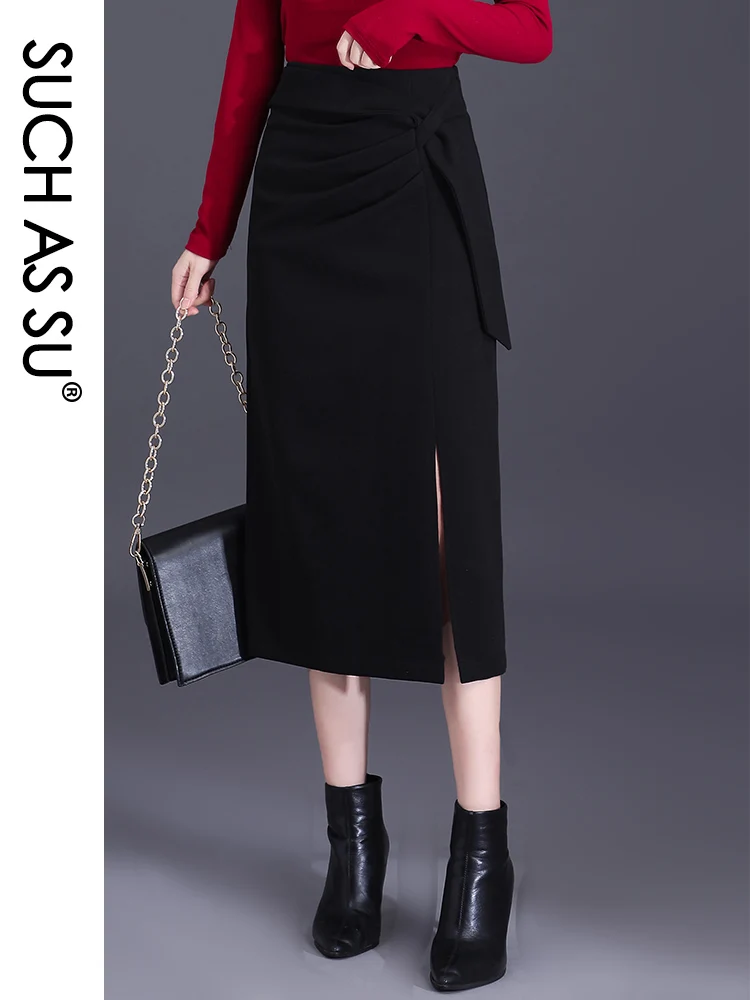 2023 Fall Winter Women Black Brown Leopard Woolen Skirts High Waist Slit Occupation S-3XL Size Mid Long Pencil Career Skirt 3246