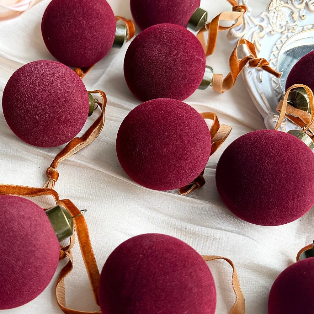 For Velvet Christmas Ornaments Set 9Pcs 8cm Flocked Plastic Balls Elegant Festive Decor Easy Hang Loop For Tree Window Party