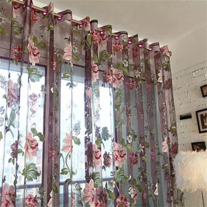 1pc Peony Tulle Curtains For Kitchen Door Window Living Room Bedroom Jacquard Sheer Voile Yarn Curtains