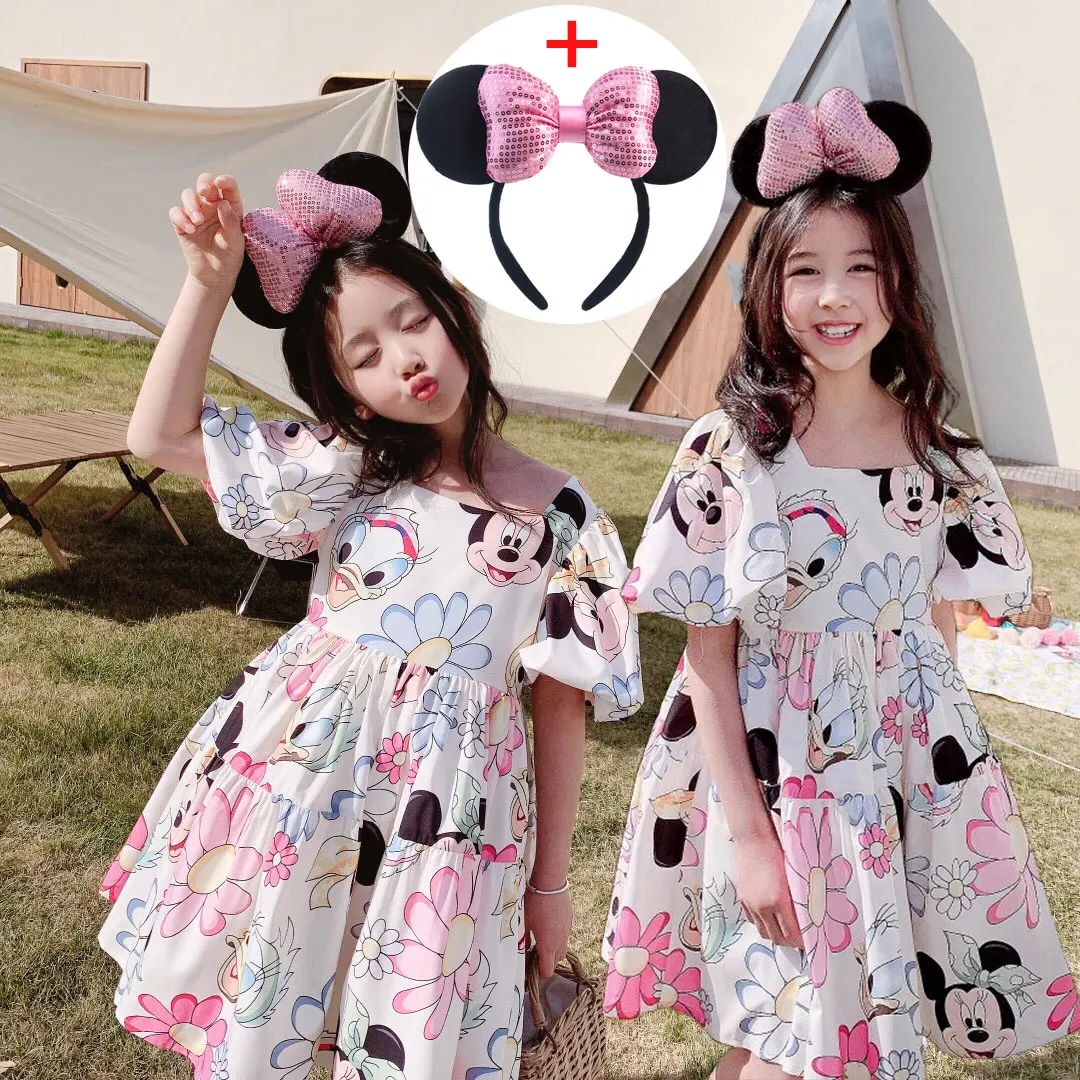 Summer Clothing for Baby Girls Loose Casual Dress with Cartoon Donal Duck Mickey Mouse Toddler A Line Knee Length Princess Gown