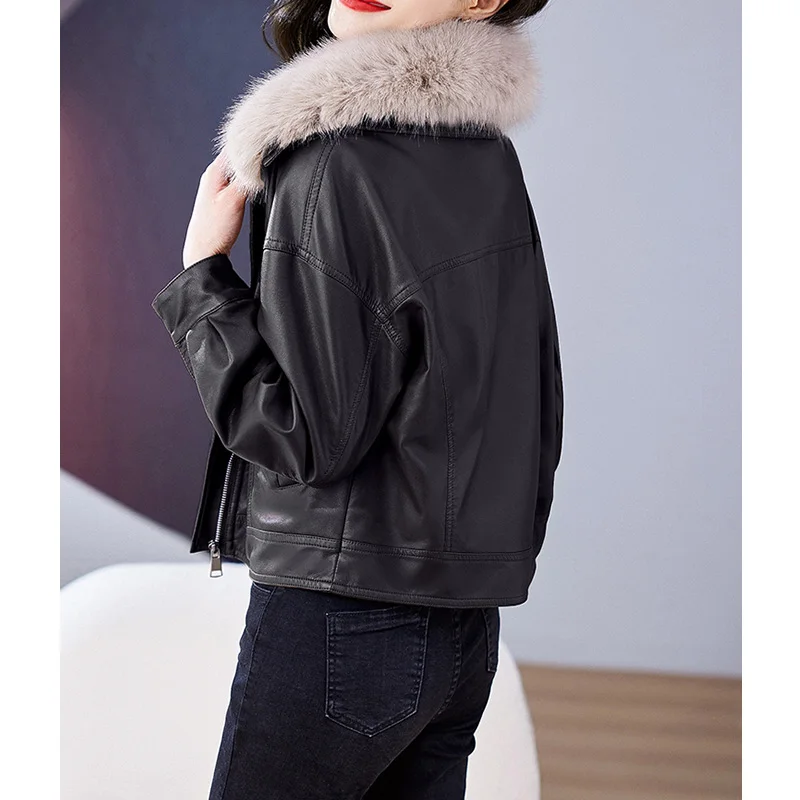 Blouson d'hiver court en cuir Élfemme, streetwear décontracté avec poche et fermeture éclair, sourire intérieur, col fourrure, 2024