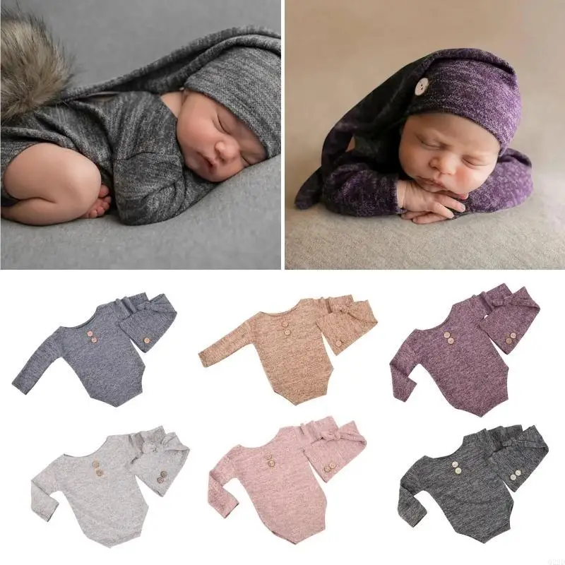 

Q22D 2PCS/SET новорожденный ребенок с длинным рукавом с завязанными кнопками для длинных хвостовых шляп с твердым цветом боди
