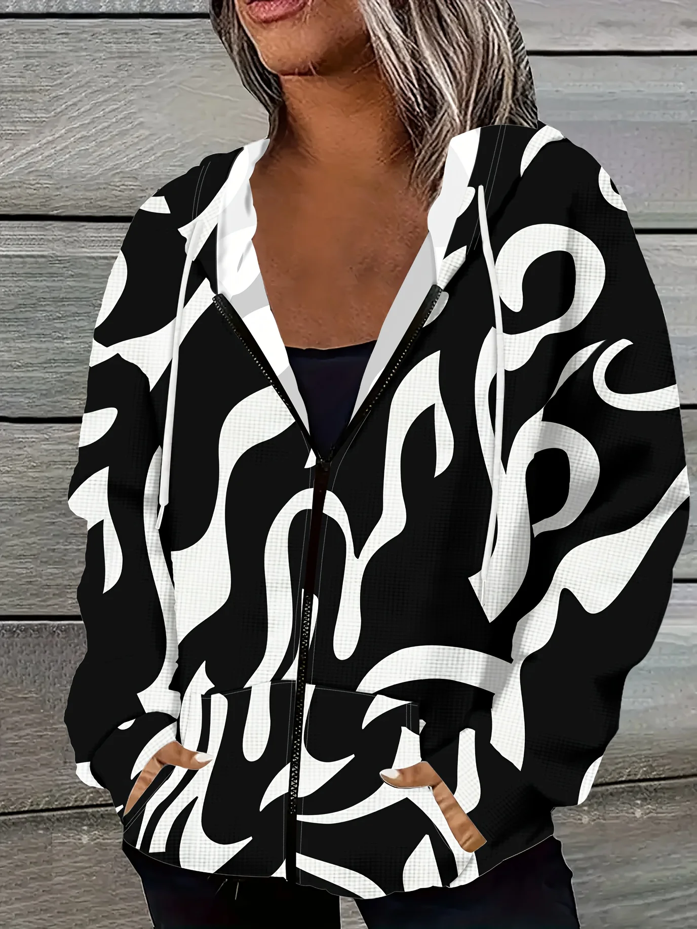 

Женская повседневная куртка с принтом в стиле кэжуал, абстрактный черно-белый узор в виде волн