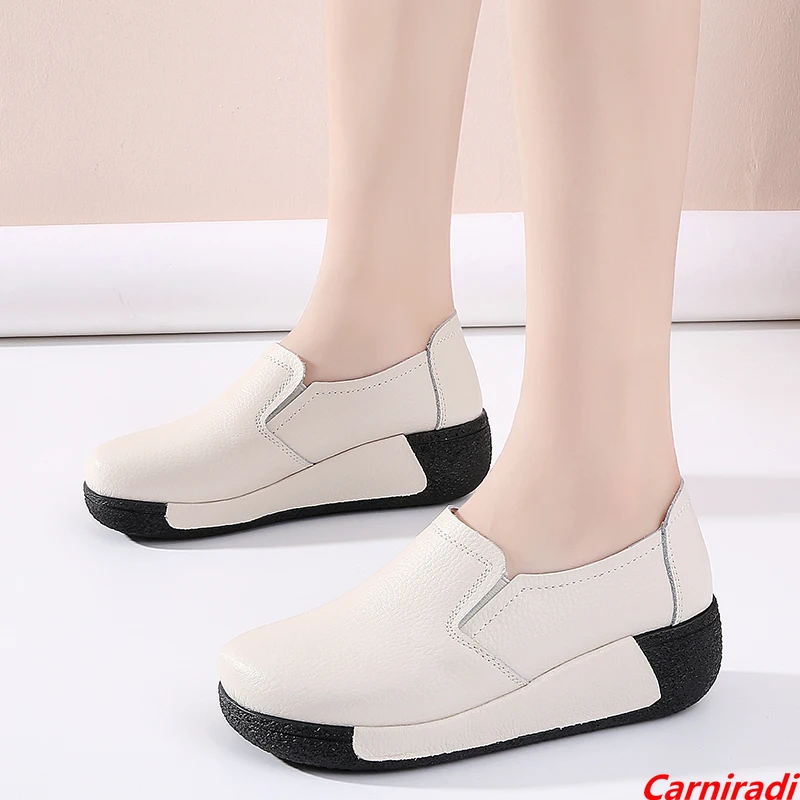 Zapatos informales de cuero genuino con plataforma para mujer, mocasines con amortiguación de alta calidad, para caminar, otoño