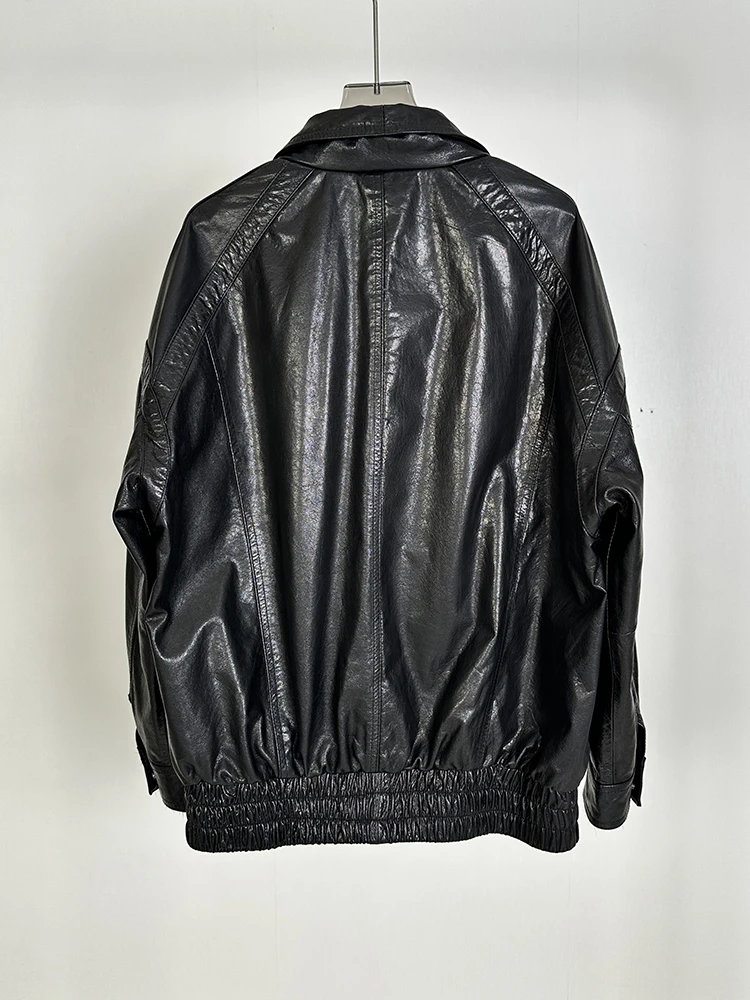 Faionable véritable eepskin cuir Jaet ample mi-long moto manteau Bla automne nouveauté femmes Premium cuir manteau