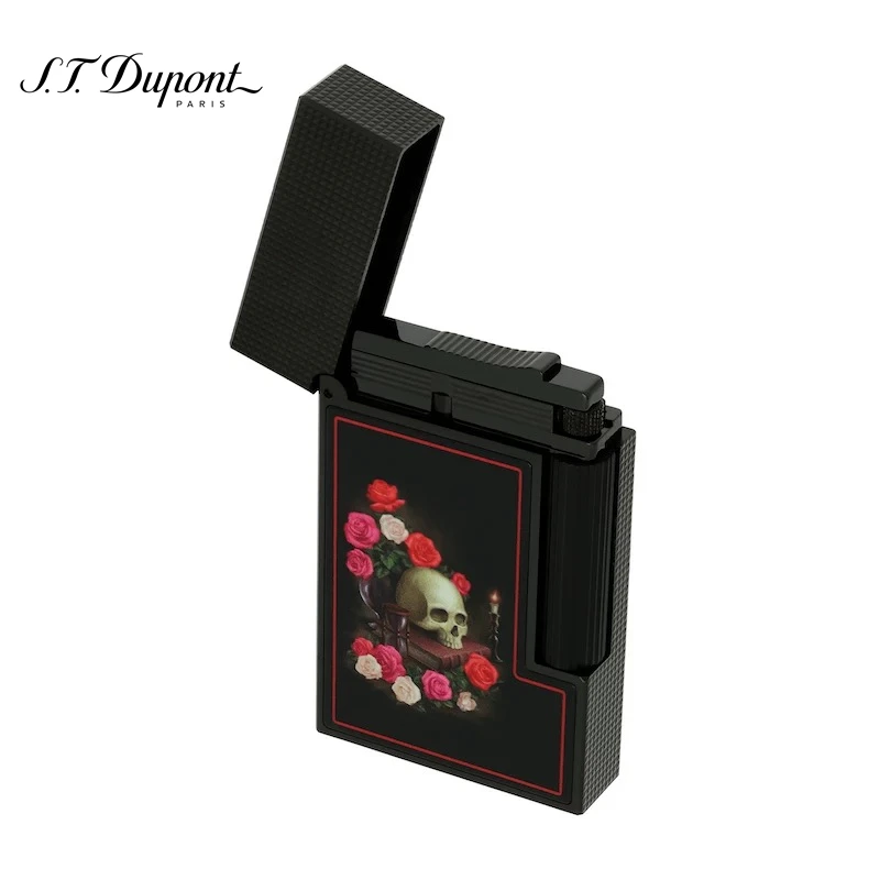 S.T. Dupont Limited Edition Luxury Black Lacquer with Skull and Roses Design Soft Flame Lighter Collection