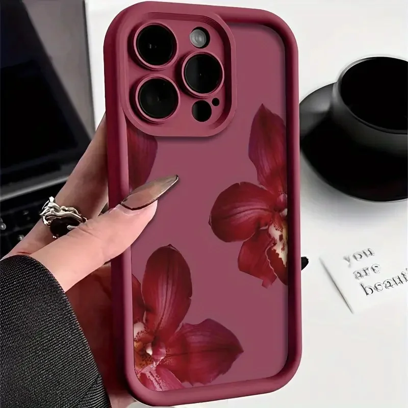 Weinrote Orchideenblüten-Handyhülle für iPhone 11 12 13 14 15 16 Pro Max 16E XS Max XR 14 15 16 Plus Silikon-Softcover