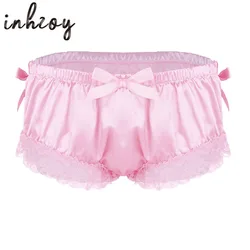 Men Sissy Panties Shiny Soft Satin Ruffle Floral Lace Lingerie for Men Bowknot Knickers Hot Sexy Briefs Crossdress Gay Underwear