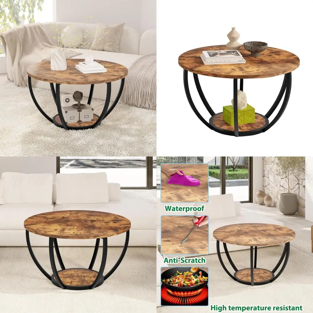 

Round 28 Coffee Table with Storage, 2-Tier Wooden Accent Table for Living Room or Home Office, Brown