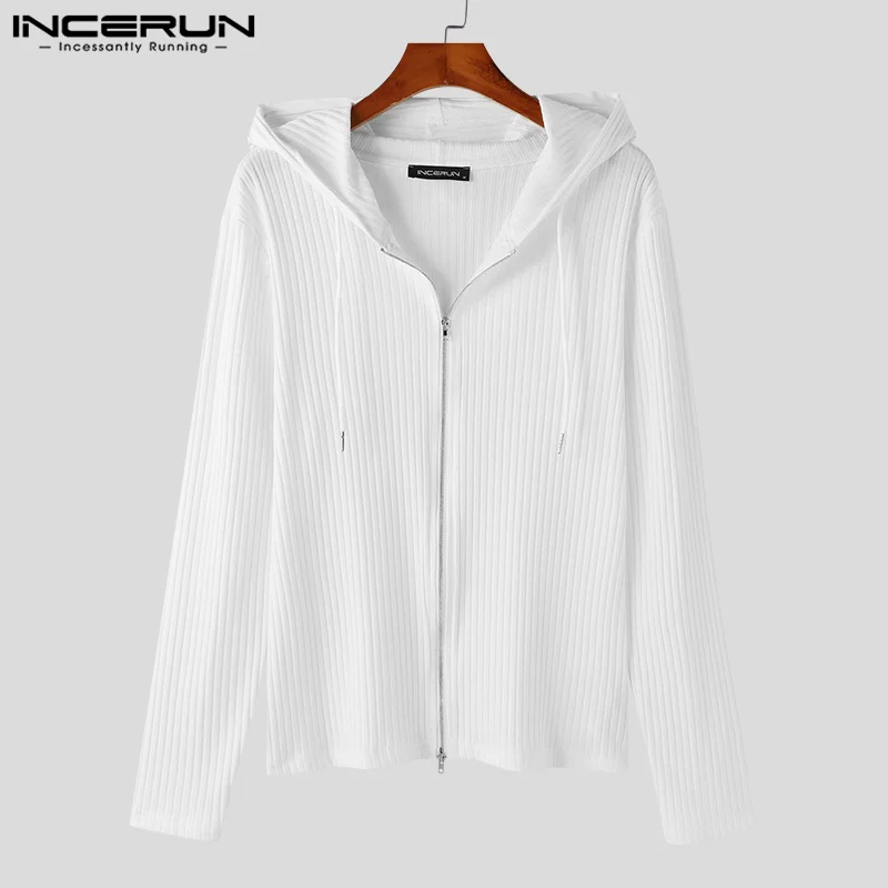 INCERUN Tops 2024 Korean Style Fashion Men Texture Cardigan Pullover Autumn Casual Sexy Long Sleeved Zipper Hooded Sweater S-5XL