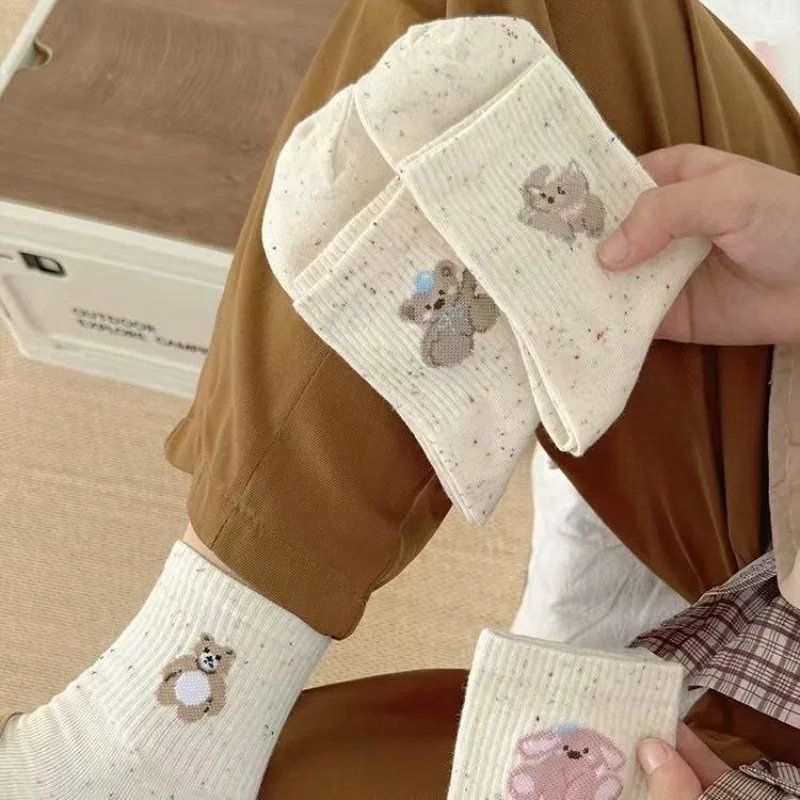 

5 пар милых женских носков средней длины для весны и осени с мультяшным дизайном, теплые носки для взрослых, повседневные вязаные модные носки, чулочно-носочные изделия