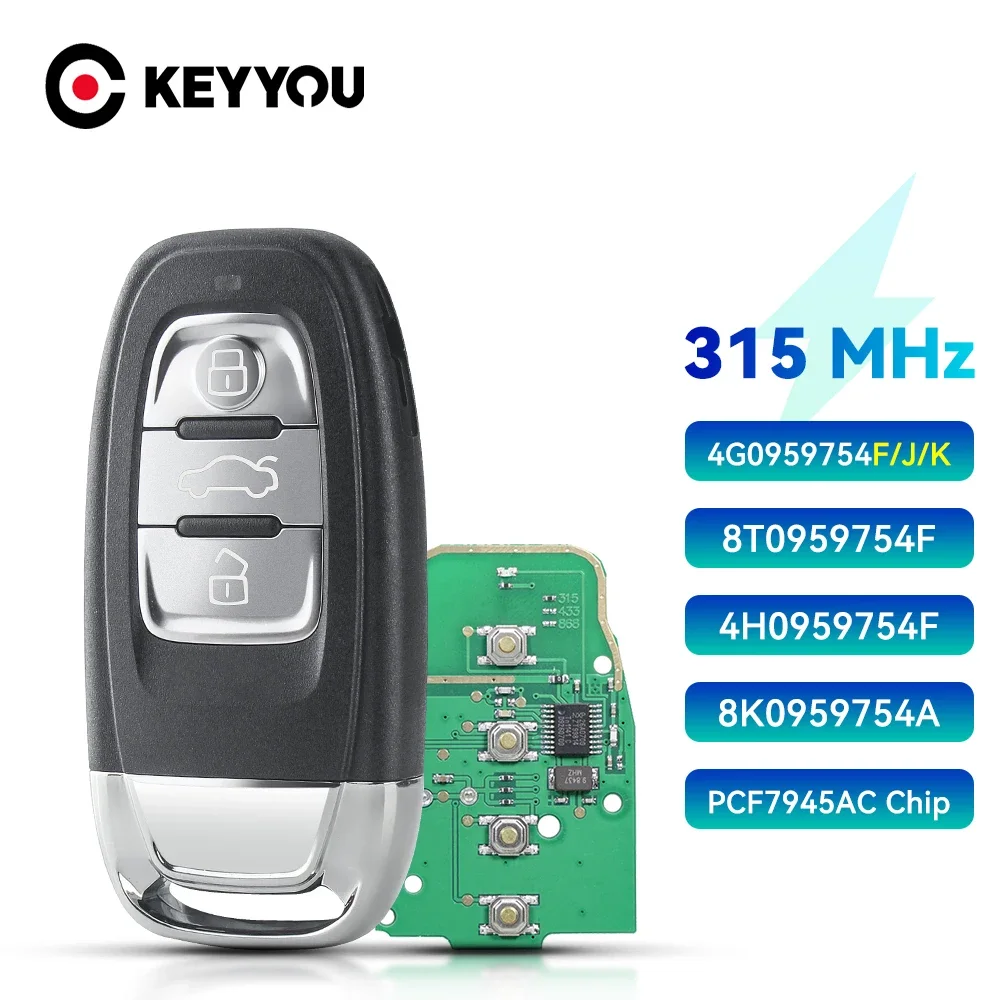 KEYYOU Keyless Smart Car Remote Key Fob For Audi A4 A5 A6L A7 A8 Q5 2010 2011 2012 2013 2014 2017 2018 3 Butons 315/433/868Mhz