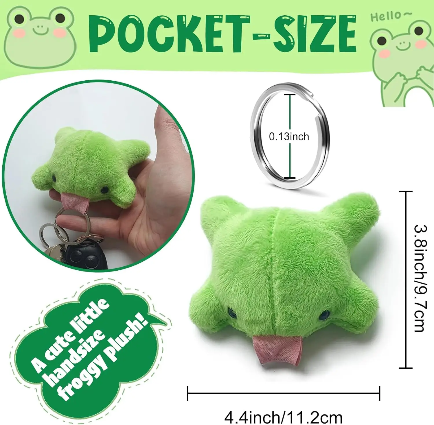 かわいいカエルのキーホルダー、かわいいぬいぐるみチャーム、面白い緑色のカエルの飾り、車の鍵や財布のギフトに。