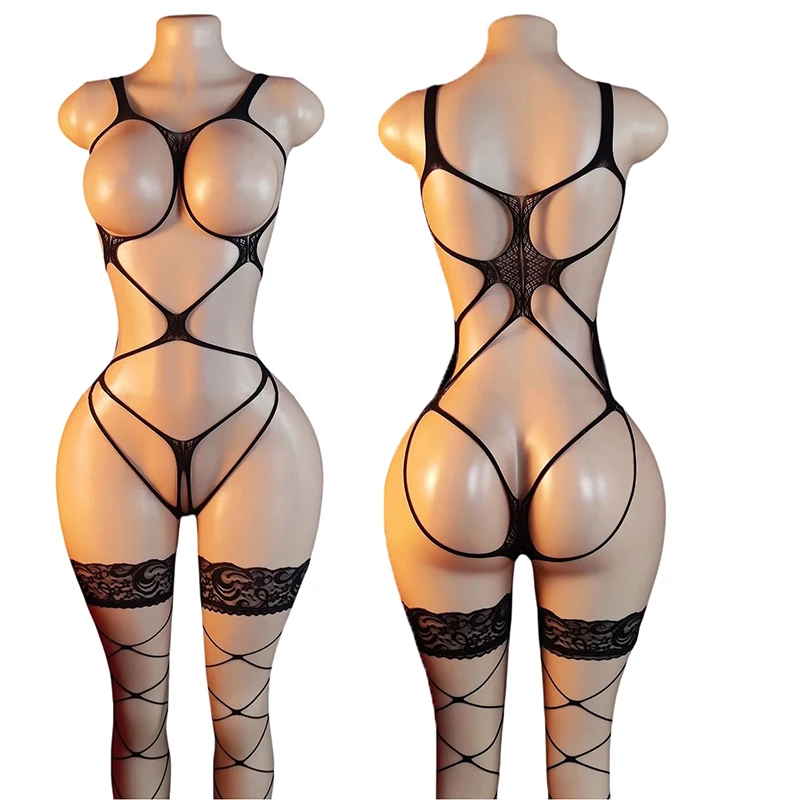 

One Piece Open Bra Crotchless Bodystocking Transparent Sexy Lace Lingerie Plus Size Fishnet Bodysuit Teddy Pajamas EroticApparel