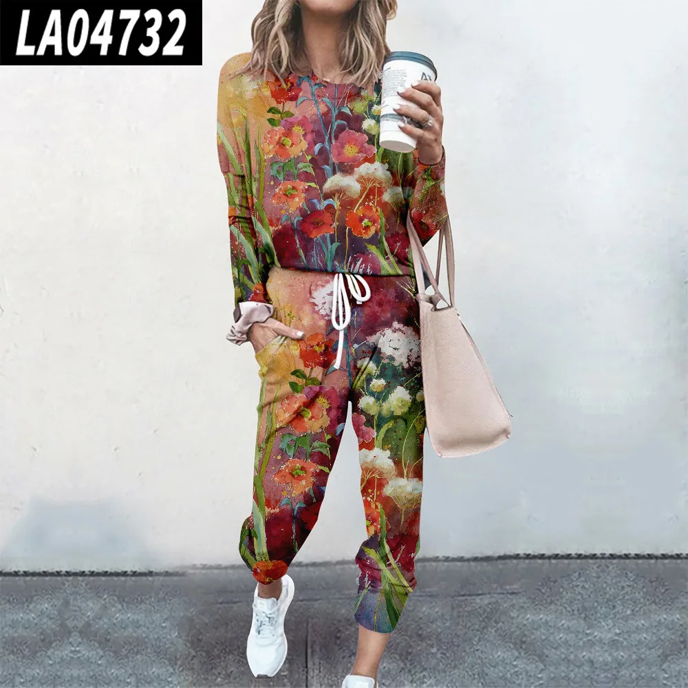 Women Floral Print Pullover Tracksuits Two Piece Sets Spring Sweatshirts Track Pants Joggers Sweatpants Sweatsuits