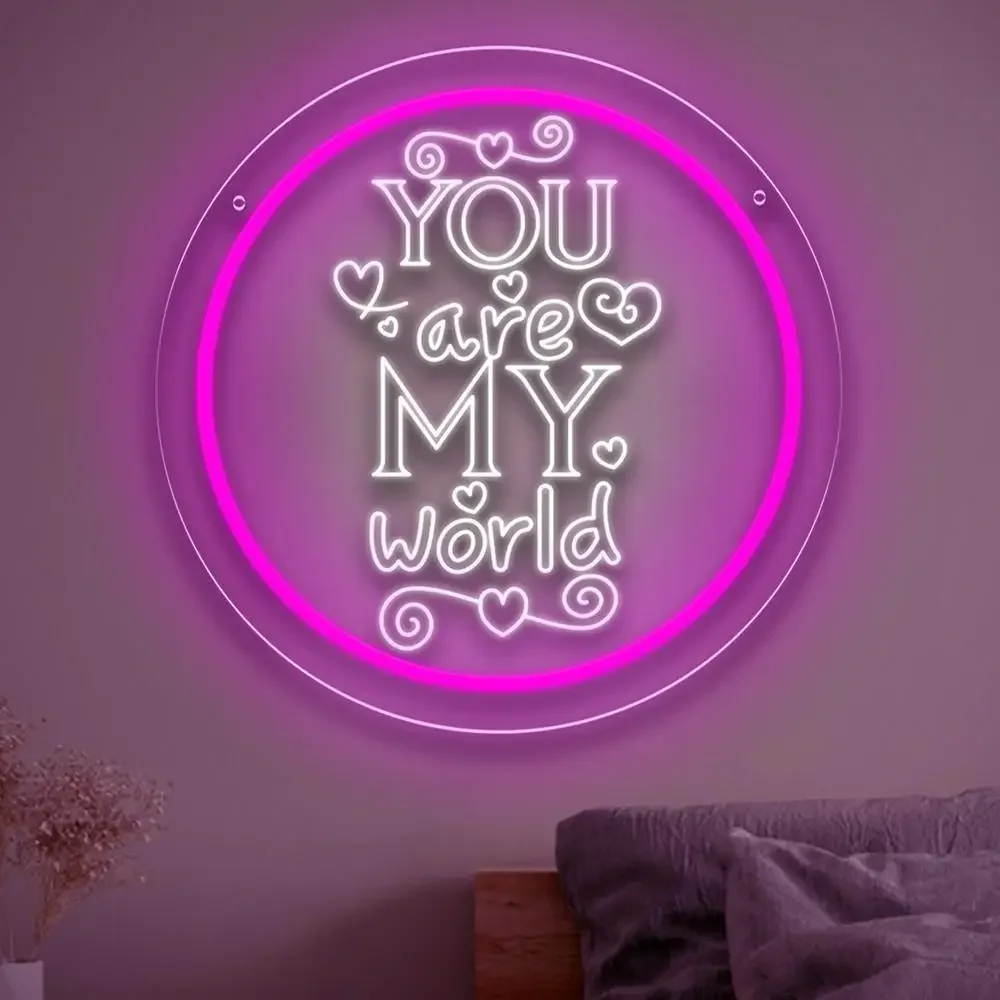 You Are My World Neon Sign Pink Round Heart LED Wall Art Acrylic USB Dimmable Hanging Light Romantic Gift