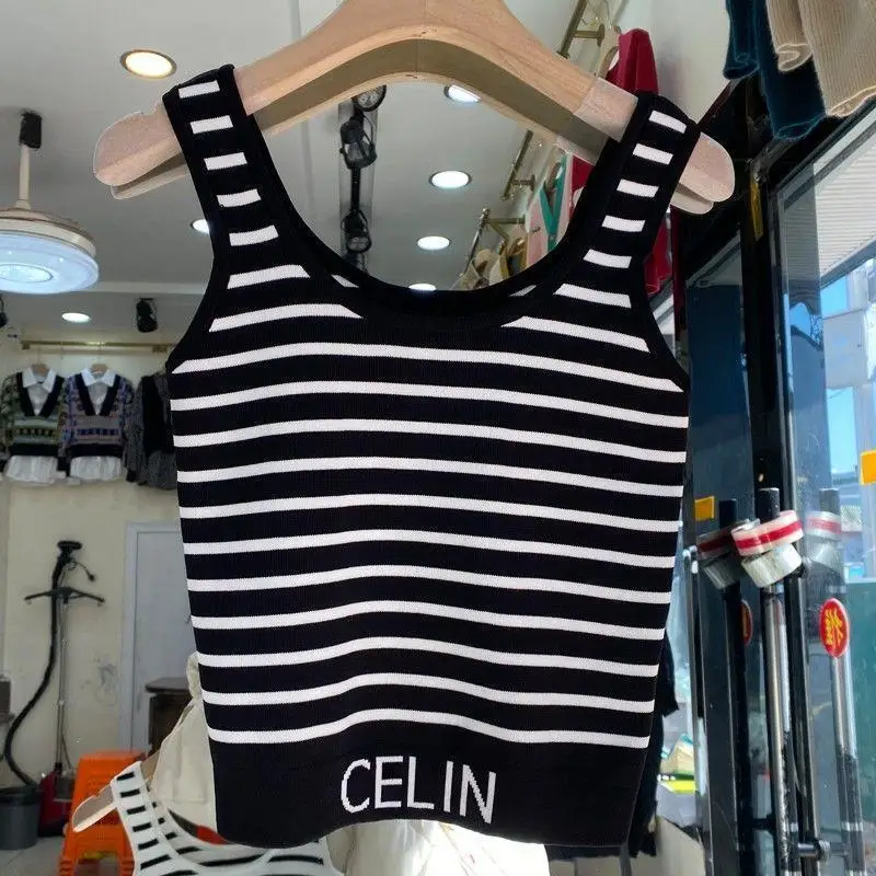 Spring and Summer New Korean-style Hem Letter Stripes Slimming Knitted Halter Top Versatile Slimming Solid Color Vest for Women