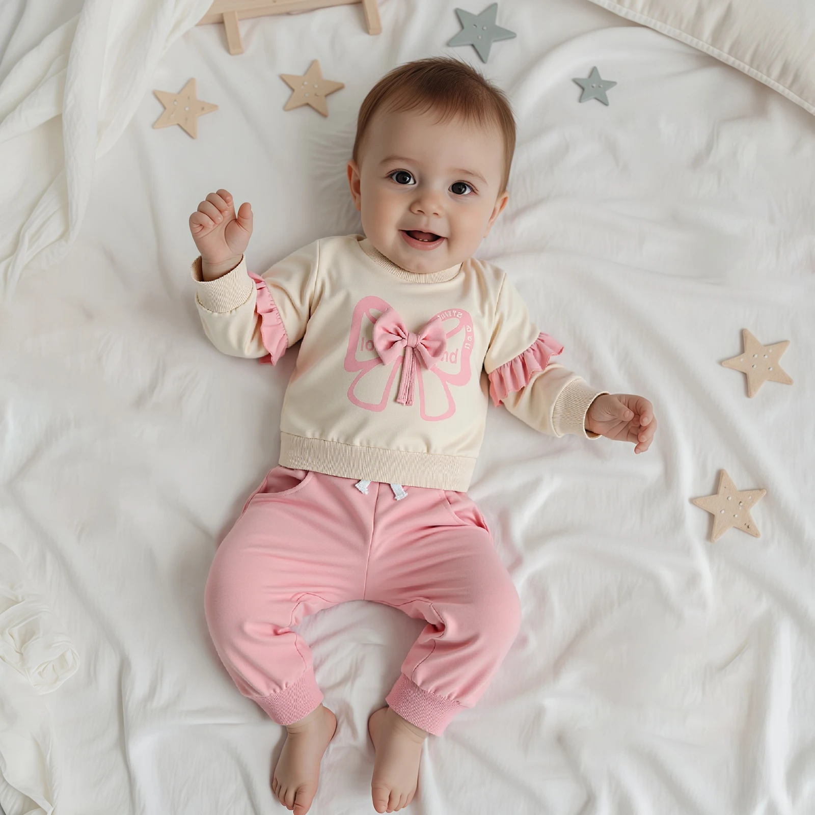 

Toddler Clothes Girl Fall 2 Pcs Outfits Bow Print Long Sleeve Round Neck Ruffled Pullover Pants Clothing Set