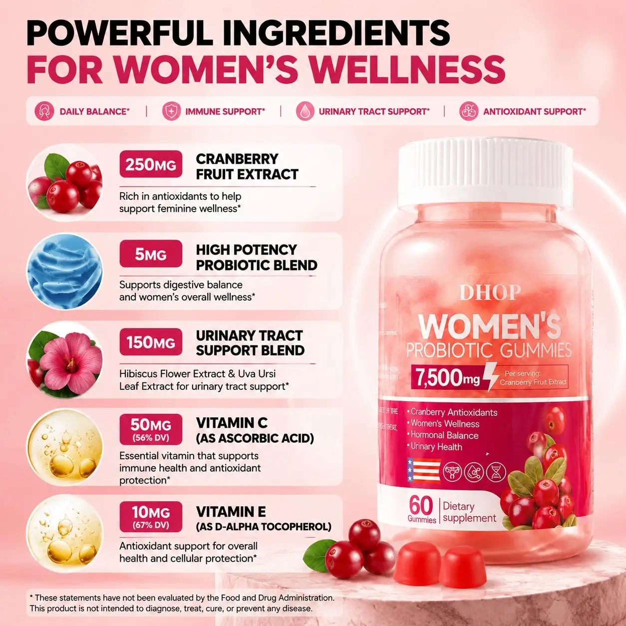 DHOP Women Probiotic Gummies Cranberry Extract Vitamin C E 8 Billion CFU Antioxidant Support Non-GMO Vegan Gluten Free 60 Count