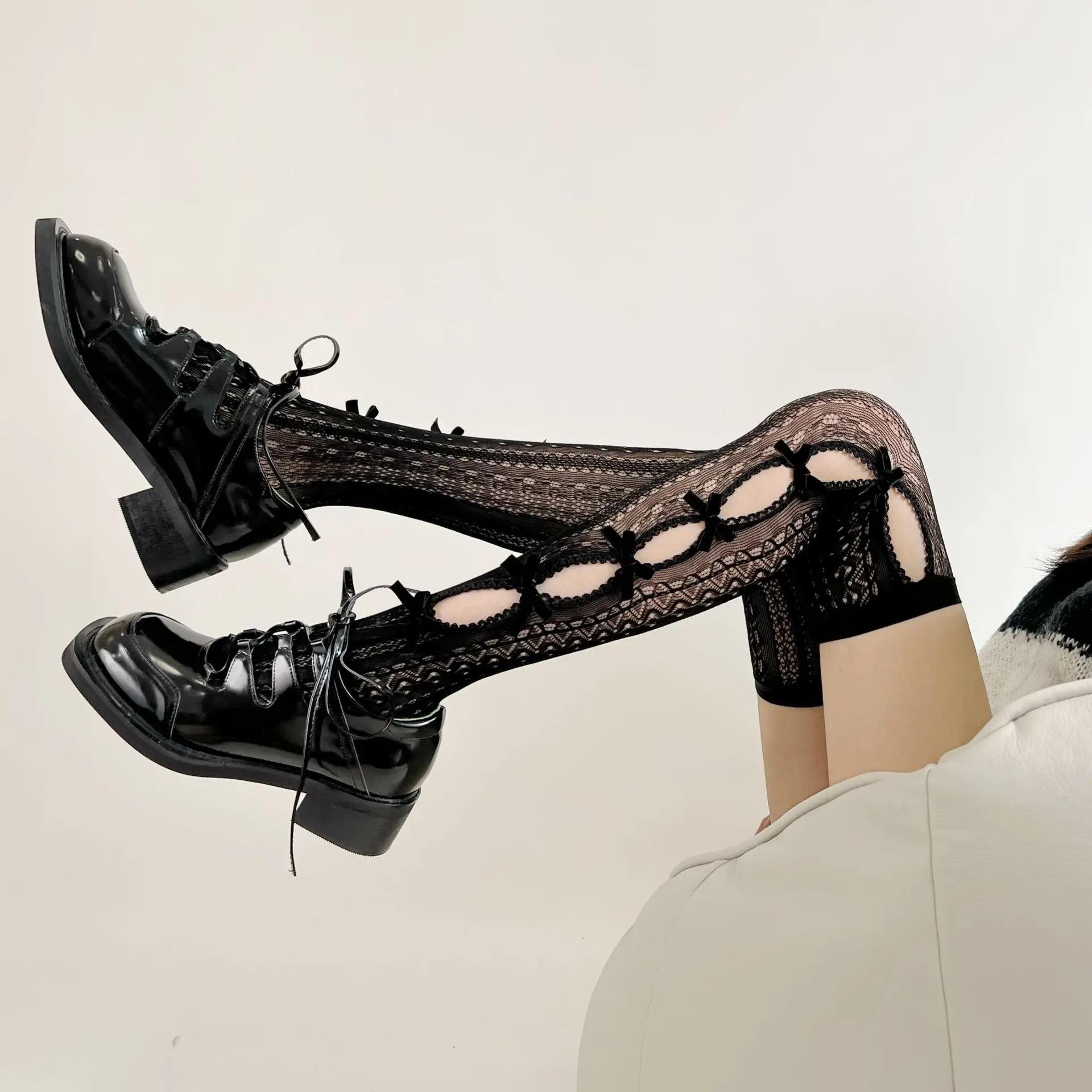 Women Sexy Stocking Bow Tie Lace Thigh Socks Lolita Jk Lace Gothic Hollowed Out Over Knee Socks Calf Socks Clothing Accessories