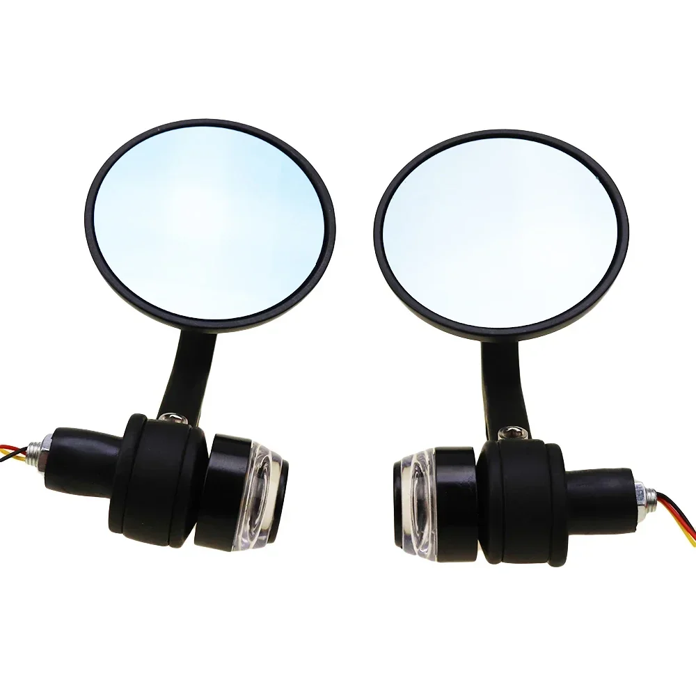 7/8“ 2pcs 22mm Handlebar Bar End Round Rear View Mirror with LED Turn Signal Lights Universal Fit for Motorcycle Aluminum Glass