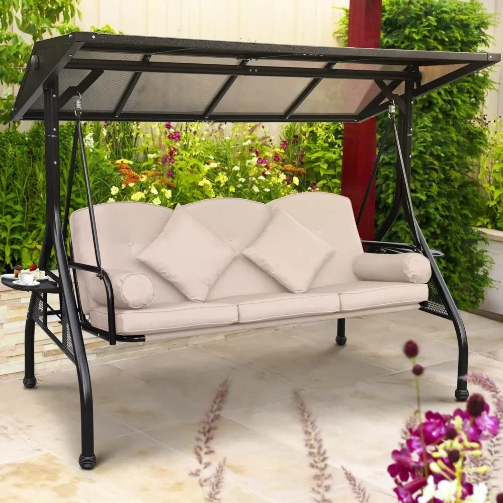 Outdoor Porch Swing 3 Person with Hardtop, 2 Side Cup Holder, Convertible Backrest, Cushion, 2 Pillows, Outdoor Swing