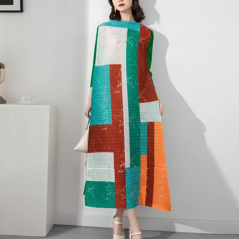 

GGHK Miyake Pleated Long Dress Women Turtleneck Large Hem Loose Color Block Printing Dresses Female Fashion 2023 New Clothing