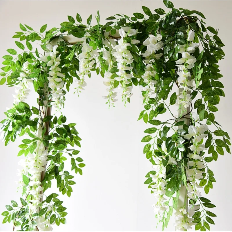 1pc White Wisteria Vine Ivy Cherry Blossoms Articifial Flower Garland Eucalyptus Leaves Rattan For Wedding Arch Home Room Decor