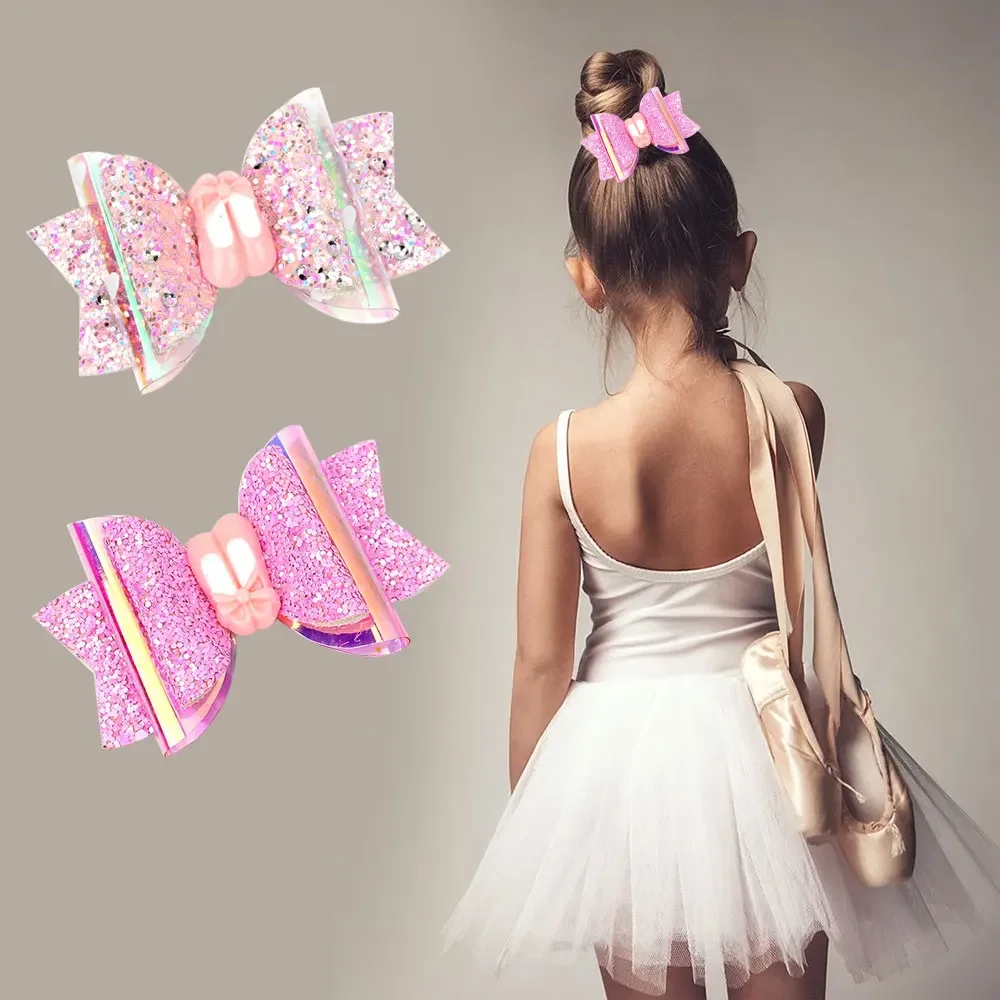 ncmama 3inch Glitter Jelly Bow Hair Clips Ballet Stacked Hairclip Back To School Shiny Pink Hairgrip Kids Dance Hair Accessories