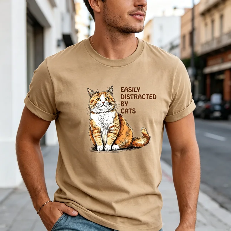 Easily Distracted By Cats Tshirt for Men Women Funny Cat Lover Graphic Tee Casual Animal Print Top