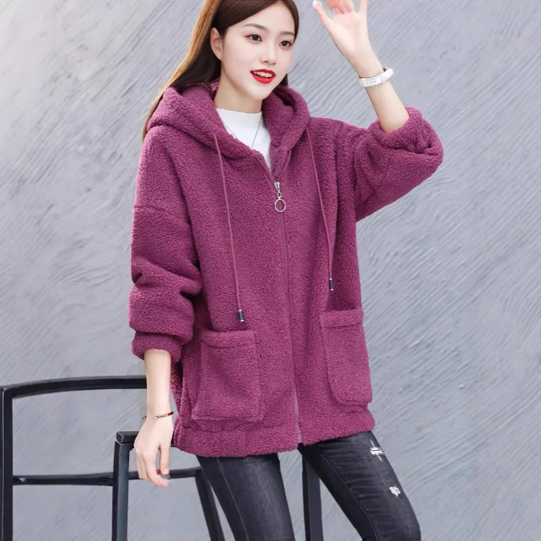 

Long Sleeve Jacket High End Korean Style Cardigan Cashmere Sweatshirt With Hood Spring Autumn Women's Outerwear Plus Size