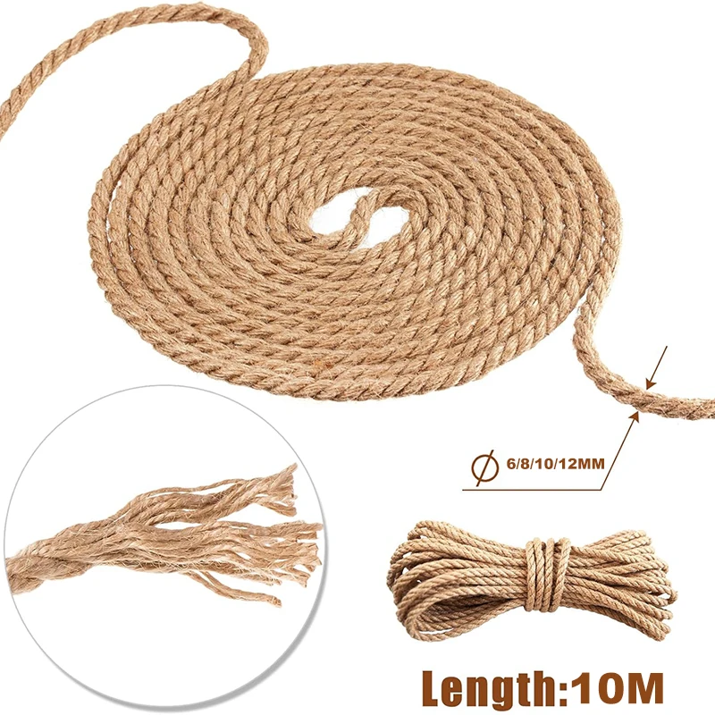 10Meters Natural Thick 6/8/10/12mm Jute Hemp Rope Strong String Craft Twine For DIY & Arts Crafts Packing Floristry Bundling