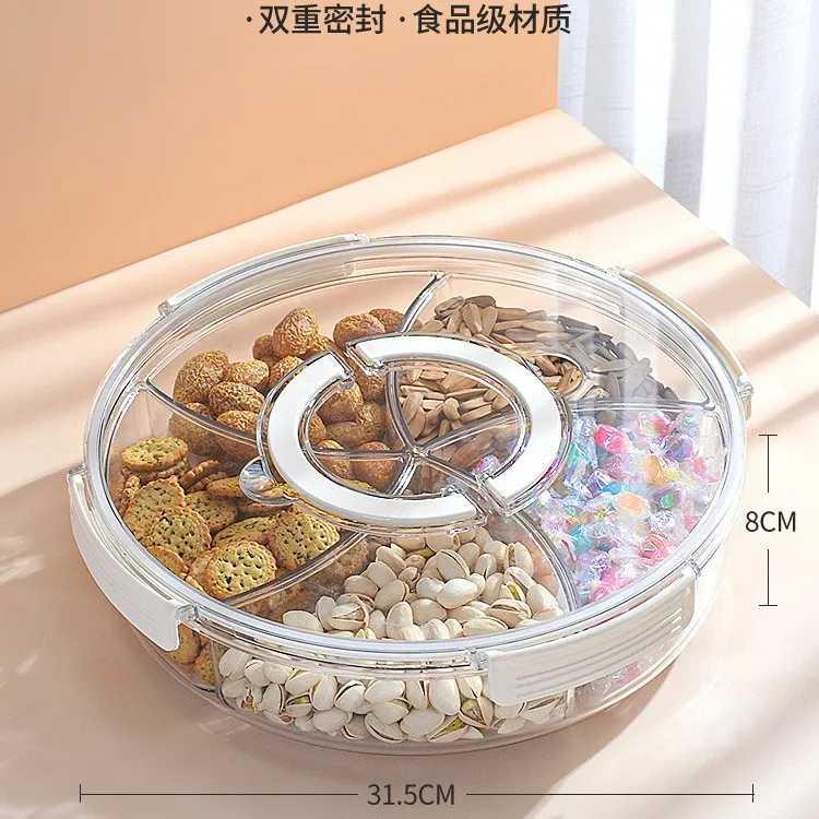 Rotatable Compartment Snack Tray, Multi Grid Nut Candy Storage Box for Living Room, 5 Grid Square Dried Fruit Plate for New Year