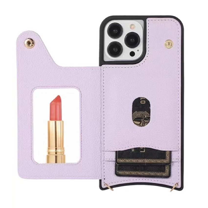 

Makeup Mirror Crossbody Hanging Rope Phone Case For Iphone 16 15 14 13 12 11 Pro Max Plus Fishtail Phone Case Card Pocket Cover