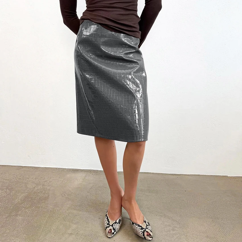 Linad Vintage Solid Crocodile Grain Print Knee Length Skirts Women Elegant Slim High Waist Zipper Skirts Fashion Straight Skirt